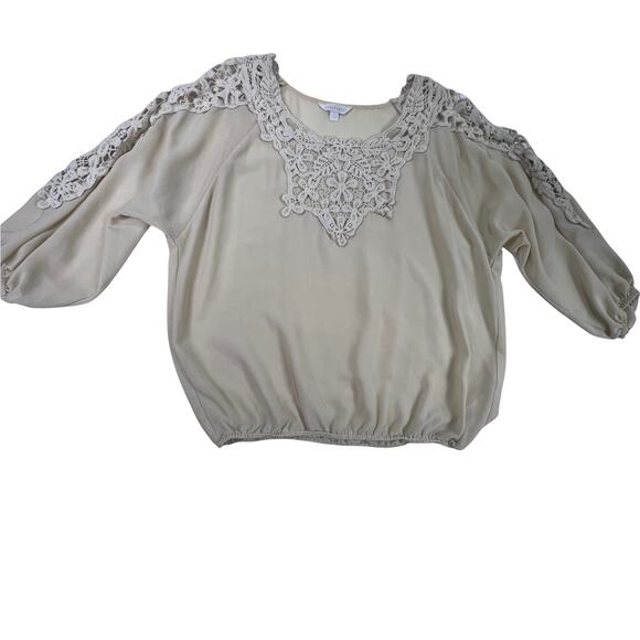 Charming Charlie Beige Semi Sheer Chiffon Crochet Lace Trimmed Blouse Top Small - Picture 1 of 12